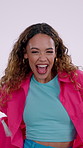 Face, woman and dancing in studio with money rain, lottery prize winner or excited for jackpot success. Happy, person and cash shower with wealth, financial freedom or celebration on white background