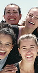 Fitness, women and face with group for laugh, collaboration or solidarity outdoor with funny joke. Portrait, people and community together for bonding, exercise and team for synergy with humor