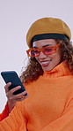 Stylish, woman and smile in studio with phone, sunglasses or social media for outfit inspiration. Happy, person and shades with tech for mobile app, fashion blog or trendy clothes on white background
