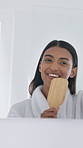 Beauty, woman and sing with brush in mirror for self care, feel good morning or dance with energy. Reflection, person and karaoke in home bathroom for getting ready song, cosmetics routine and rhythm