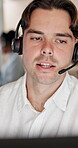 Telemarketing, agent and man with headset in call center, working late or communication with contact. Night, consultation and person with tech for lead generation, coworking and discussion with mic