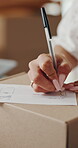 Logistics, hands and writing delivery note on box for quantity info, shipping process or supplier. Small business owner, woman or dispatch record for item description, package details or distribution