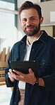 Logistics, face and man with tablet in small business, supply chain or stock distribution on website. Confident, entrepreneur and person with smile in startup, ecommerce and shipping goods with tech
