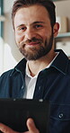 Logistics, face and man with tablet for online shop, supply chain or stock distribution in warehouse. Shipping, entrepreneur and person with smile in startup, ecommerce and export goods with tech