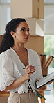 Logistics, inspection and woman with clipboard in small business, supply chain or stock distribution. Serious, entrepreneur and person with checklist for goods inventory, shipping and quality check