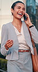 Phone call, laugh and woman in city for travel, walking or salesman and morning for work trip. Professional person, tech and urban commute with conversation, chat and negotiation or business deal