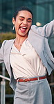 Business, dancing and city with happy woman for winning, energy or outdoor celebration. Excited, female person or employee with smile or vibe for achievement, corporate success or good news in town