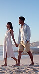 Walking, travel and couple holding hands on beach, holiday adventure and conversation for bonding. Smile, talk and black people with space for connection, seaside vacation and support for summer trip