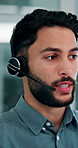 Call center, talking and business man with finance advice, insurance policy and communication. Corporate, financial advisor and person with headset for customer support, online consulting and help