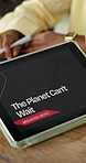 Hands, person or meeting with tablet screen in office for breaking news, global warming or urgency. Team, tech and headline for climate emergency, environmental crisis and call to action for planet