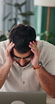 Remote work, man and stress in home for call center pressure, difficult client and sale loss. Telemarketing, headset and freelance person with mistake, burnout and customer complaint with laptop
