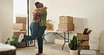 Moving, couple and hug with spin in new home for property investment, celebration and goals. Excited, marriage and african people with embrace for house purchase, real estate and mortgage achievement