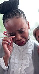 Sad, woman and crying in office with support group, team counseling and sharing feelings of grief. Sorrow, person talk and therapy session in business with tears, psychology or coworker with empathy.