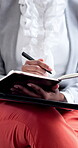 Mental health, therapist or hands in clinic with writing, help or evaluation report in counseling. Consultation, patient or psychologist with notes, assessment checklist or advice in support session.
