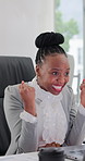 Celebration, fist pump and business woman with laptop, success and achievement for financial growth. Applause, excited and black person with tech for project, good news and win for collaboration
