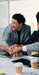 Business, man and handstack in office with staff, good news and celebration of finance funding. Smile, people and huddle in meeting with applause, audit success and teamwork for financial achievement