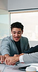 Business, man and fist bump in meeting with staff, good news and celebration of finance funding. Smile, people and huddle in office with applause, audit success and teamwork for financial achievement