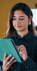 Tablet, typing and business woman for planning, client portfolio and account broker in office. Reflection, networking and consultant with person and tech for contact, research or budget proposal