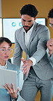 Tablet, conversation and business people for meeting, client portfolio and account broker in office. Planning, networking and consultant with team and tech for contact, research or budget proposal