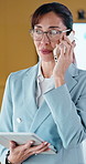 Phone call, tablet and business woman for discussion, client negotiation or account broker in office. Communication, networking and consultant with person and digital tech for contact, talk or advice