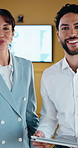Tablet, face and business people for meeting, client portfolio and account broker in office. Portrait, networking and consultant with team and digital tech for contact, research or budget proposal