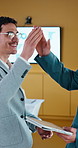 Business, man and high five in meeting with tablet, good news and email for finance funding. Smile, people and celebration in office with digital, audit success and teamwork for financial achievement