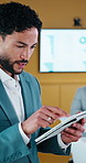 Tablet, typing and businessman for planning, client accounting and account broker in office. Reflection, networking and consultant with person and tech for contact, research or budget proposal