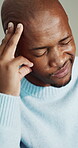 Home, stress and man with headache, thinking and frustrated with financial pressure or mental health. Remember, bad news and black person with depression, reflection and painful migraine in house