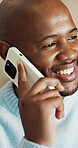 Phone call, chat and man with smile in house, laughing and communication with contact or discussion. Networking, home and black person with mobile for funny conversation, talk and listening on break