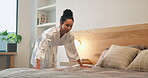 Change, tidy and woman making bed in home for daily routine, fresh fabric or maintenance. Cleaning, morning and neat with person in bedroom of apartment for chores, housework or responsibility