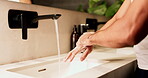 Basin, soap, washing hands with man in bathroom of home for disinfection or hygiene. Cleaning, foam and sink with person in apartment to remove bacteria or germs for morning self care routine
