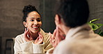 Woman, smile and skincare in bathroom with mirror, morning routine and satisfaction for grooming. Happy, female person reflection in home with skin evaluation, dermatology results and getting ready.