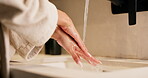 Sink, washing hands and water with woman in bathroom of home for disinfection or hygiene. Basin, cleaning and skincare with person in apartment to remove bacteria or germs for self care routine