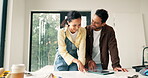 Couple, laughing and home renovation with blueprint, talk and ideas for interior design or creative. Happy people, discussion and plan for decor with paperwork, relocation and bonding in new house