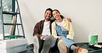 Smile, renovation and face of couple in new home with bonding, love and repair project together. Happy, wall and portrait of man with woman for property development or maintenance planning in house.