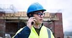 Building, phone call and thinking with man on construction site for feedback or instructions. Contact, conversation and update with builder outdoor on worksite for development schedule or planning