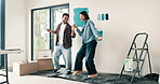 Real estate, fun or Asian couple in home with dance, fresh start or happy moment with renovation. Property, remodel or people with playful groove, housing success or moving celebration for homeowners