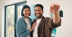 Real estate, face or couple in home with keys, safety access and investment in dream house. Security, portrait or Asian people with purchase, property success or moving achievement for new homeowners