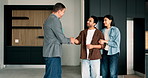 Couple, new home and handshake with realtor for deal, property purchase and thank you with tablet. Happy man, woman and shaking hands with real estate agent for agreement, congratulations and sale