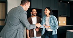 Couple, new home and handshake with realtor for agreement, property purchase and thank you. Happy man, woman and shaking hands with real estate agent for deal, congratulations and excited for sale