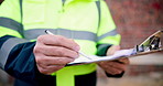 Clipboard, writing and man on construction site for task brief, inspection or safety update. Checklist, management and engineer with paperwork, progress report or project coordination for renovation