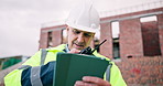 Man, tablet and radio on construction site for inspection, task brief or safety update. Industrial, communication and mature engineer with tech, progress report or project coordination for renovation