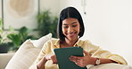 Smile, woman and student in home with tablet, research and application for college education. Happy, person and tech in lounge for elearning, scholarship update and university enrollment for learning