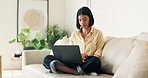 Woman, relax and student at home with laptop, research and application for college education. Smile, person and tech in lounge for elearning, scholarship update and university enrollment for learning