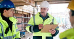 Man, engineer and clipboard with team for construction, inspection and report for architecture. People, talk and agenda with checklist for building design, collaboration and information on renovation