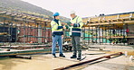People, engineer and handshake at site for meeting, introduction and construction agreement. Team, shaking hands and partnership with tablet, negotiation and maintenance deal for building development