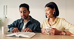 Couple, relax and reading in home with bible, study scripture and morning prayer for guidance. Smile, people and coffee at house with holy book, religious practice and knowledge for spiritual healing