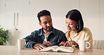 Smile, couple and reading in home with bible, study scripture and morning prayer for guidance. Happy, people and coffee at house with holy book, religious practice and knowledge for spiritual healing