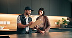 Clipboard, woman and talking to handyman in kitchen for client quote, maintenance or renovation. Checklist, home and conversation for repair service cost, people planning and assessment report