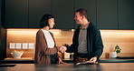Clipboard, woman and handshake with plumber in kitchen, maintenance deal or renovation contract. Checklist, home and shaking hands for repair service agreement, smile and thank you with customer
